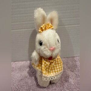 Vintage Jerry Elsner Small White Bunny Rabbit Plush 8” Orange Plaid Dress Bow